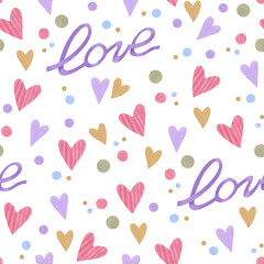 Seamless pattern with hand-drawn hearts. Romantic decorative background is perfect for Valentine's Day gift paper. Marker Art	