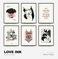 Modern Valentine's day vertical flyer or poster template set. Love hand drawn trendy illustration.