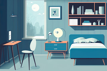 Illustration of modern bedroom furniture in blue Scandinavian design for a boy's room. Generative AI