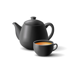 Black ceramic teapot, with a cup of tea, realistic 3D image on a white background. A modern, stylish element for advertising tea.