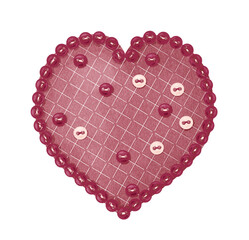 Digital illustration of a Valentines day handmade heart. Stylized decorative hand-drawn clipart in a watercolor style.The heart is sewn of red fabric, decorated with an embroidered pattern and buttons