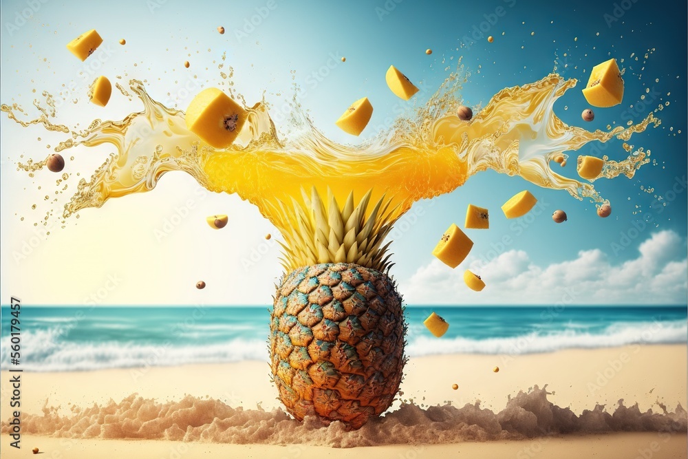 Aufkleber a pineapple with a splash of orange juice on it on a beach with a blue sky and ocean in the backgrou
