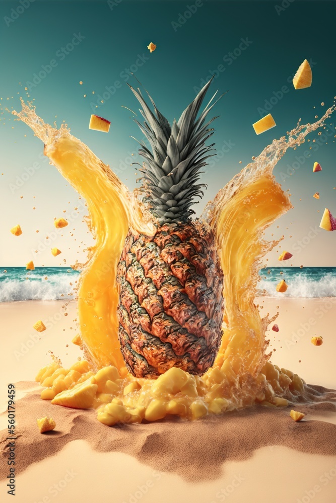 Poster a pineapple is splashing into the sand on the beach with a blue sky in the background and a blue sky