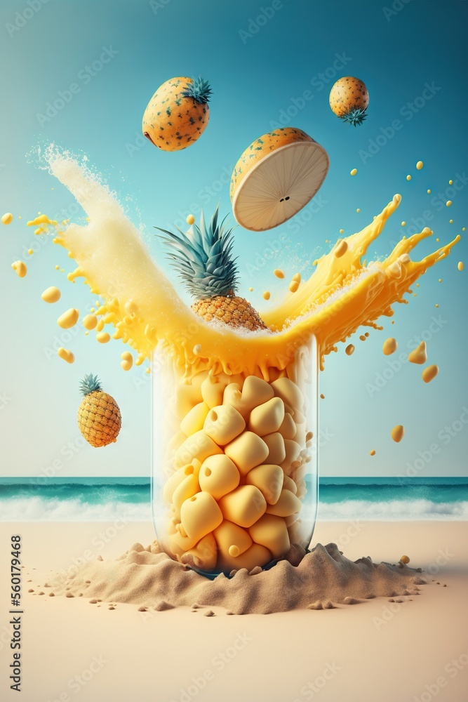 Poster a pineapple and pineapple juice splash into a jar on the beach with a blue sky in the background and