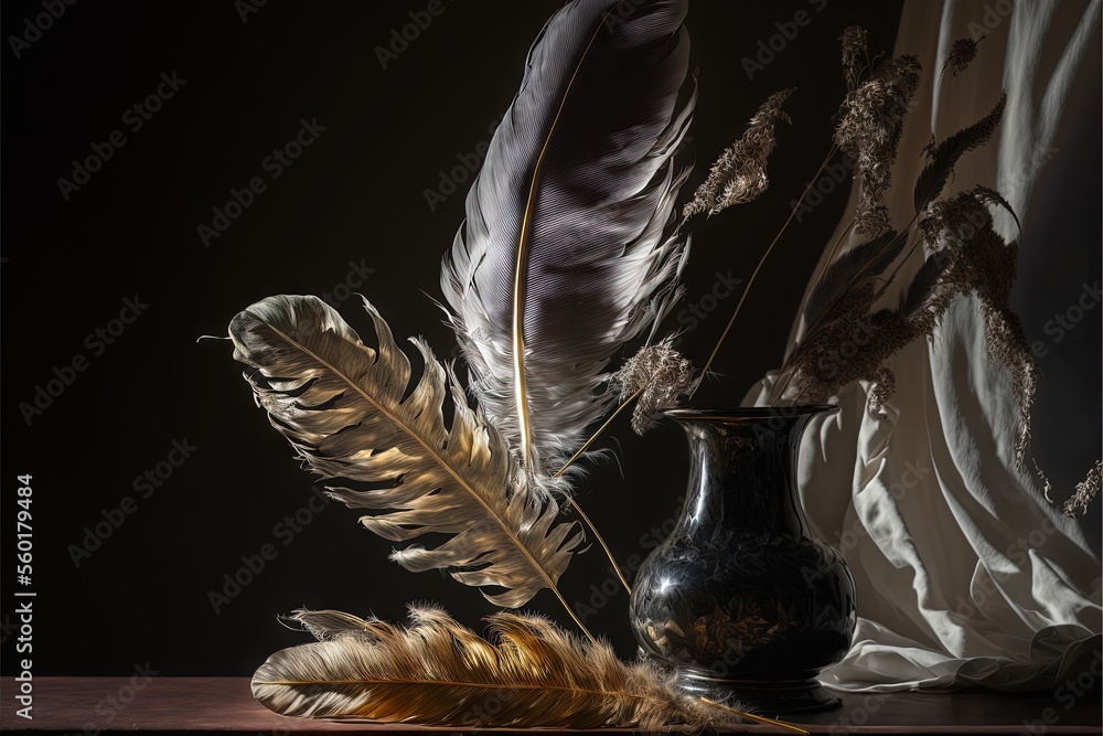 Poster a black vase with a feather on it next to a white curtain and a black vase with a brown feather on i