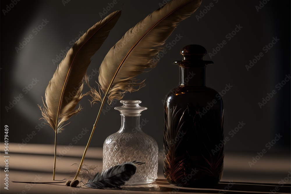 Poster a bottle and a feather on a table with a shadow of a bottle and a feather on a table with a shadow o