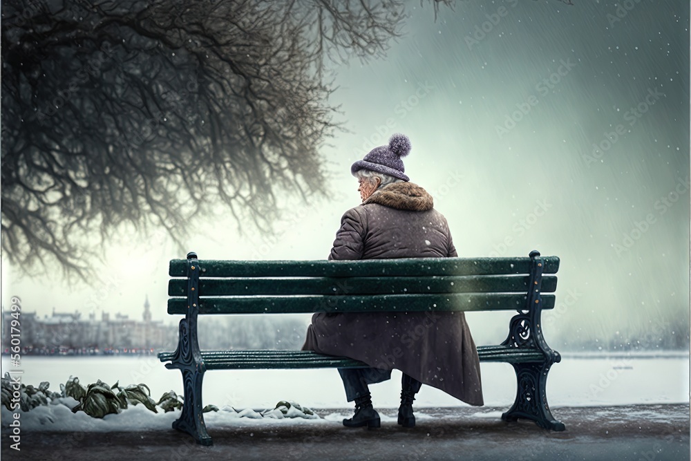 Poster a woman sitting on a bench in the snow looking at the trees and snow falling on the ground and the g