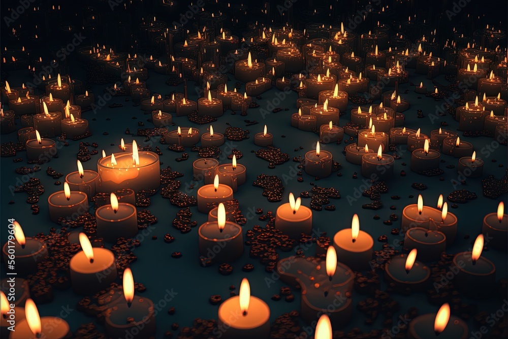 Poster a large group of lit candles in a dark room with a blue background and a black background with a few