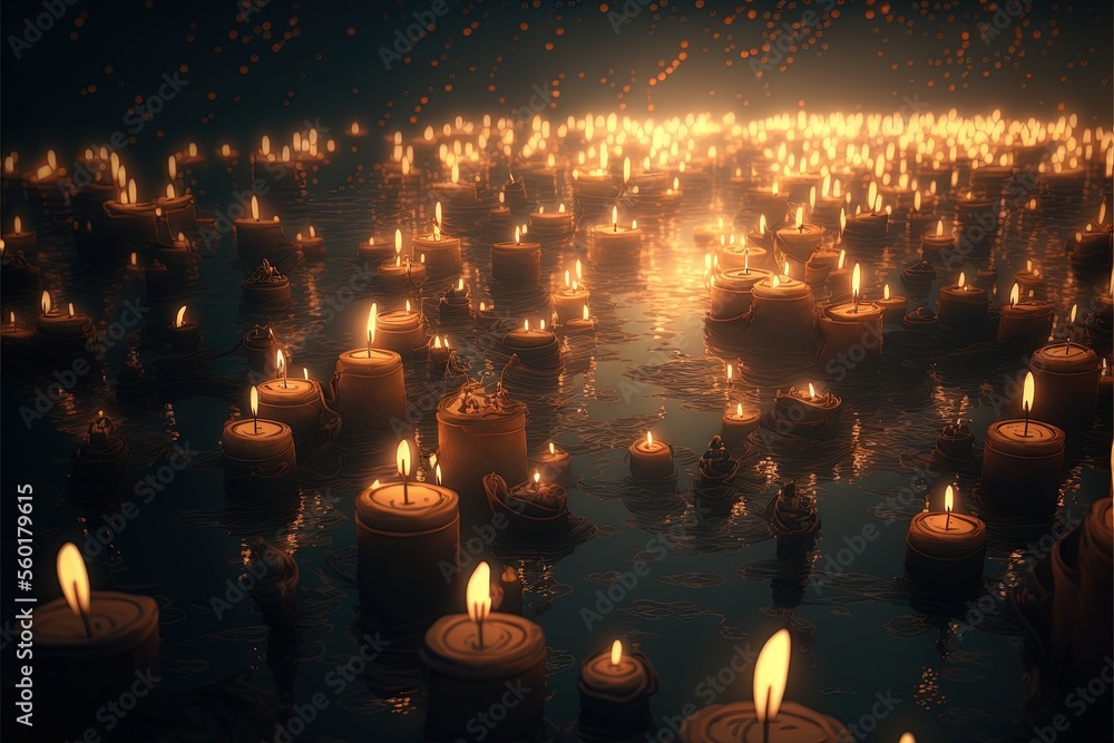 Poster a lot of candles that are floating in the water together in a row with a lot of them lit up in the d