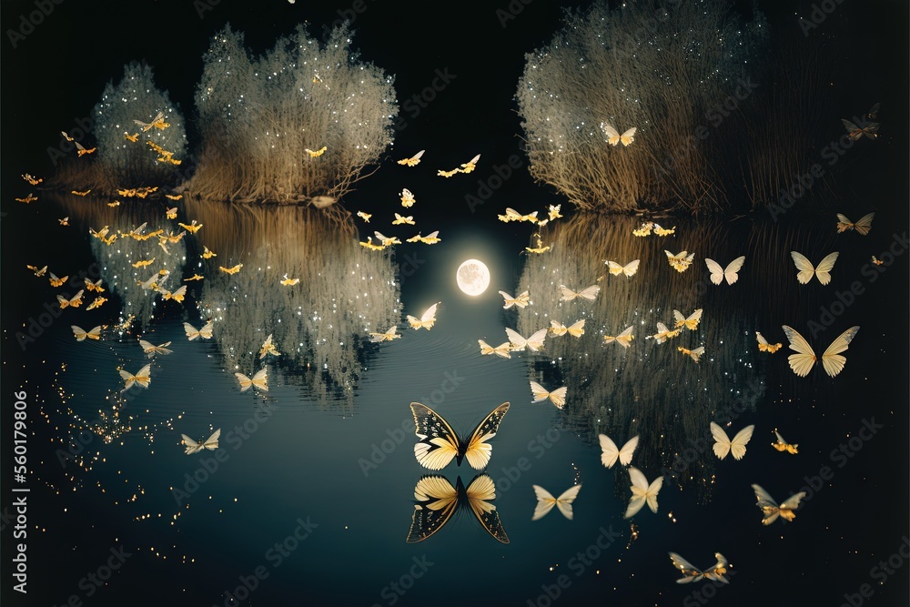Poster a group of butterflies flying over a body of water at night with a full moon in the background and a