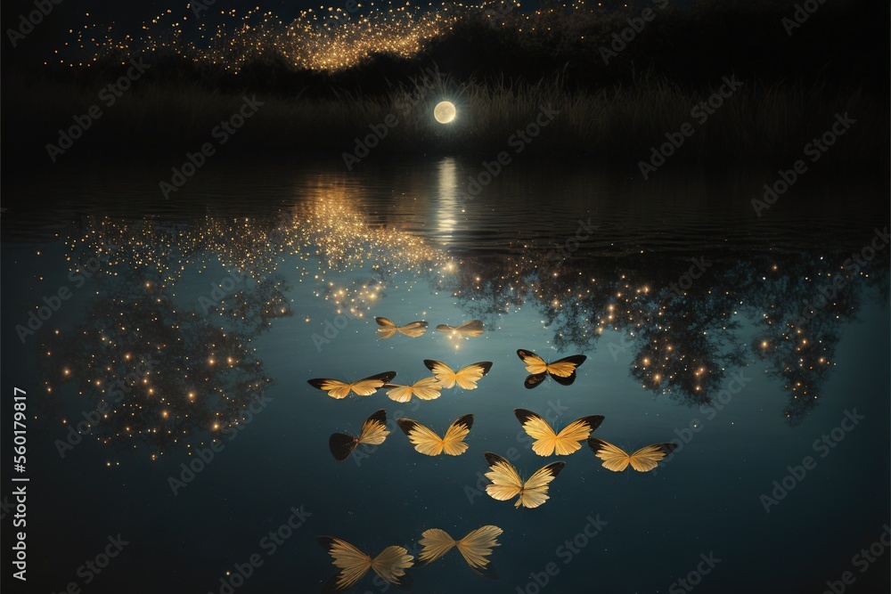 Poster a group of butterflies floating on top of a lake under a full moon sky with stars in the sky above i