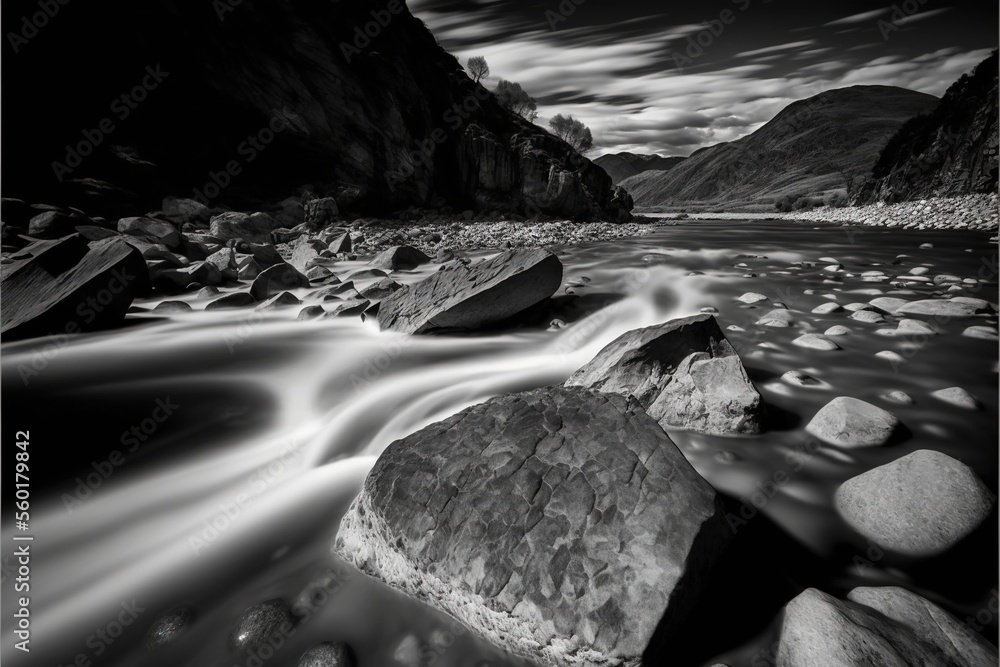 Poster  a river flowing over rocks in a black and white photo with a sky background and clouds above it, with a stream running between the rocks and the rocks, and the edge of the., generative ai