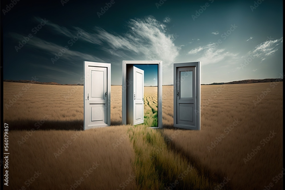 Poster a field with two open doors leading to another open door in the middle of the field, with a sky back