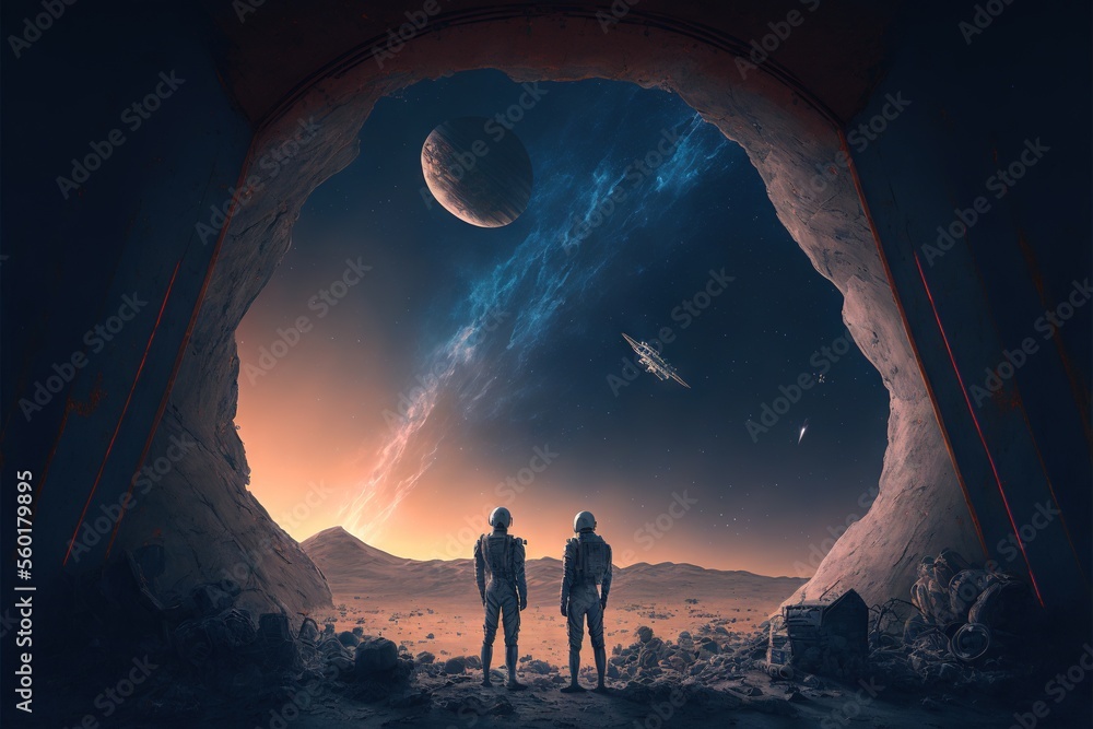 Poster two people standing in a cave looking at the planets in the distance with a distant star in the dist