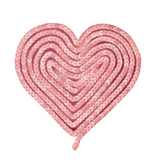 Digital illustration of a Valentines day handmade heart. Stylized decorative hand-drawn clipart in a watercolor style. Heart knitted from pink threads or made from a cord on a burgundy background