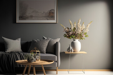 Living area in a minimalist home including a gray sofa, a wooden coffee table, a picture frame, flowers, a rattan lamp, a basket, and chic accessories. Elegant interior design. Template. walls of gray