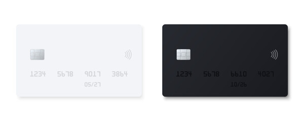 Realistic plastic bank credit card set. Mockup design of white and black plastic debit card with emv chip and contactless payment sign. Wireless online payment concept. 3d vector illustration