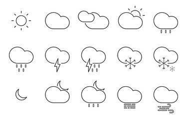 Obraz premium Outline weather forecast icon set. Meteorology elements in modern and minimal style. Sunny day, night, cloudy, rain, thunderstorm, snow, fog signs. Template for web or mobile app, infographic. Vector