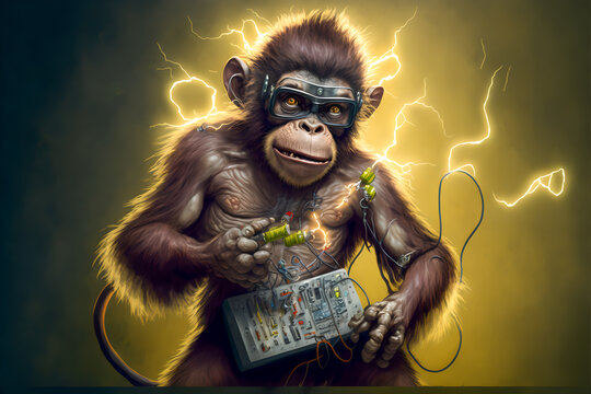 A monkey with electrical appliances.