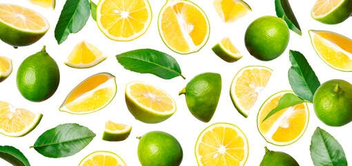 Pattern of isolated lemons. Fresh ripe juicy green lemons with yellow flesh, green leaves flying on white background. Concept of levitation of fruits, food, lime. Organic product, citrus