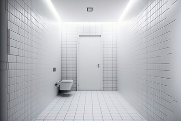 White tiled walls and a floor depict the minimalist interior of a modern restroom. Generative AI