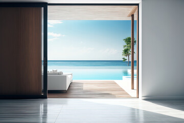Fototapeta na wymiar A modern beach home or opulent pool villa with an empty patio level close to the living area and a white wall. Sea view from a wooden deck. Generative AI