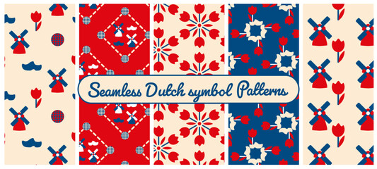 Set of Dutch seamless vector patterns with windmills, stroopwafels, wooden shoes and tulips in red, white and blue