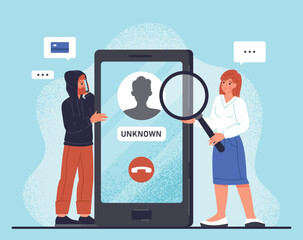 Phone scam concept. Man and woman with magnifying glass studying smartphone. Hacker breaks into users device. Danger on Internet and online virus metaphor. Cartoon flat vector illustration