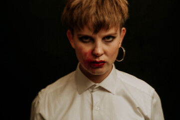 woman is a psychopath with schizophrenia and mental disorders. Abstract blurry portrait of a girl...