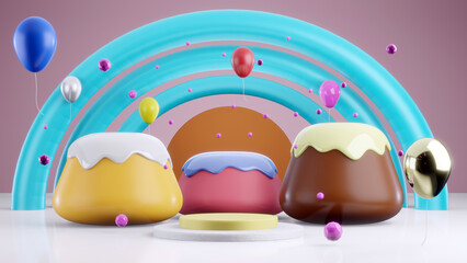 3D Rendering of Pastel Party 3 Cup Cake with Multi Colored Balloons with Copy Space on Pink Background. 3d render backdrop.