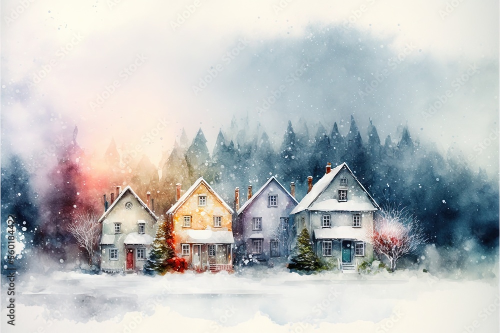 Poster a painting of a snowy landscape with houses and trees in the background and a red and yellow fire hy