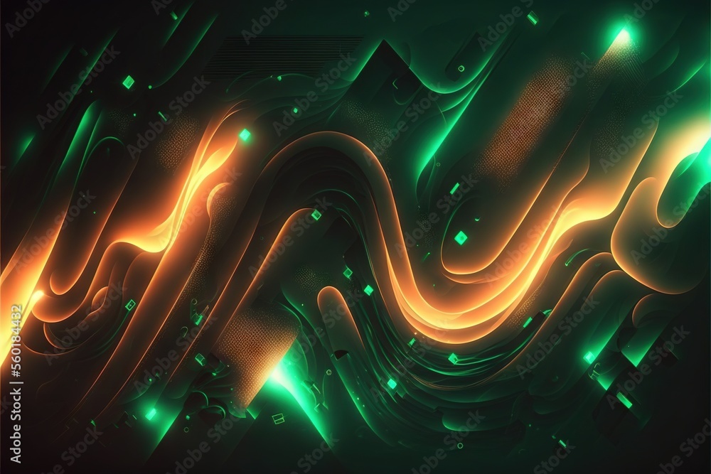 Fototapete  a computer generated image of a green and orange wave with glowing lights on it's sides and a black background with a green and orange stripe on the bottom of the image is a., generative ai