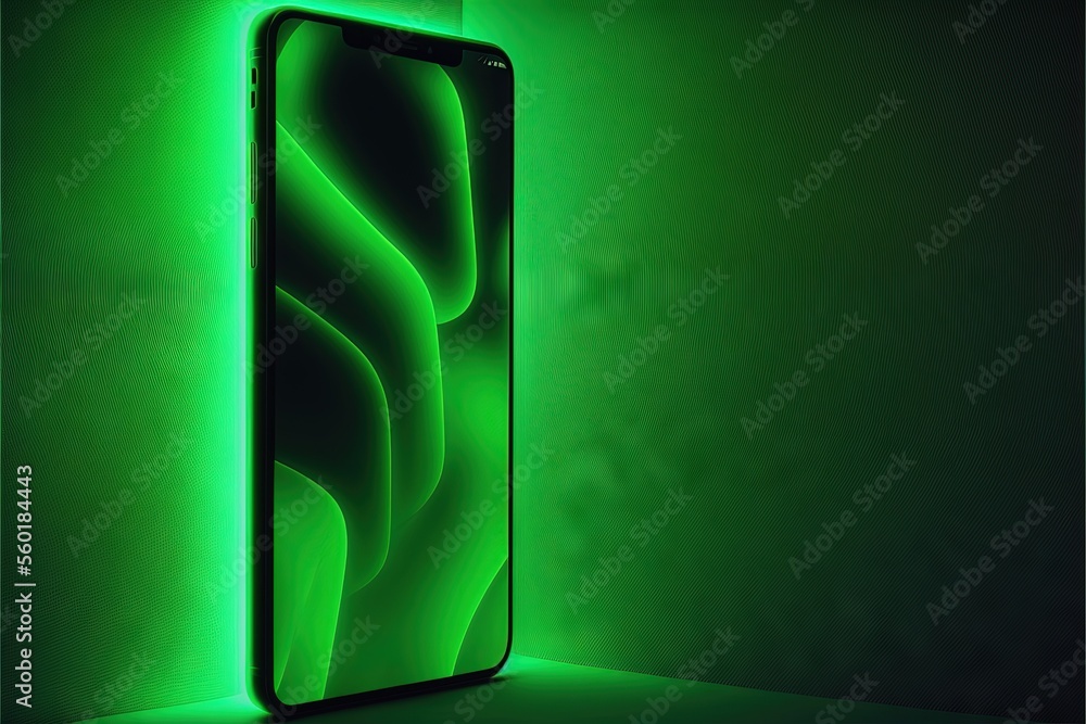 Poster a green iphone xr with a curved back and a curved back, in a dark room with a green light behind it,