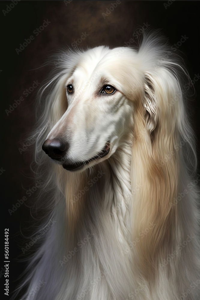 Poster a white dog with long hair and a black background is shown in this image, it is looking to the side 