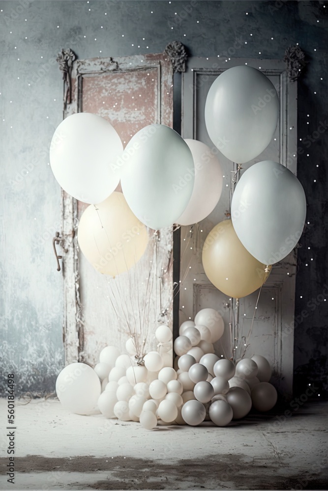 Poster a bunch of balloons are in front of a door with a bunch of balloons in front of it on the floor of a