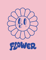 Groovy flower cartoon characters. Monochrome. Flower Illustration Vector. Vector illustration. Cool Flower. Happy Flower. Blue and Pink.