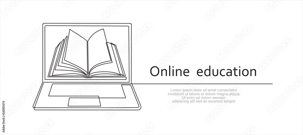 Poster continuous line drawing or one line drawing of a book on a computer. vector illustration of modern e