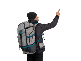 Studio photo of Brown skinned young backpacker, camper or hiker standing on isolated background. Concept of trekking or nature walking.