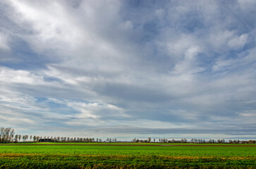 Sky with dramatic clouds over a field on the island of Hoeksche Waard in the Netherlands