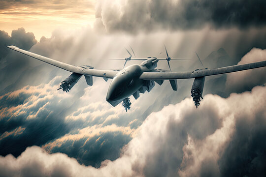 Inc. Bayraktar The movement of an unmanned aerial vehicle through the clouds. Combat drone Bayraktar Aknc flying over the clouds. Generative AI
