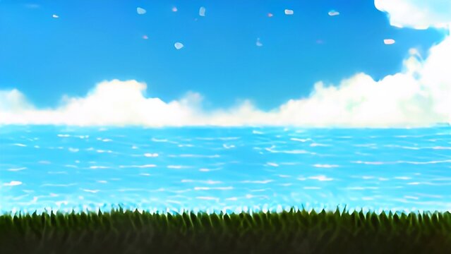 grass and blue sean and sky 2d anime background 