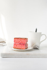 strawberry cakes on a marble tray, pink strawberry cake slices on a cake tray