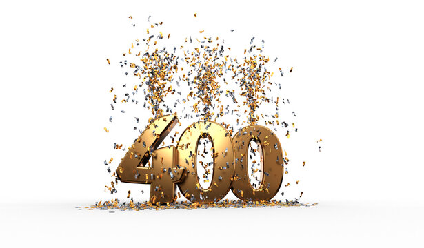 nombre 400 en lettres dor&eacute;es avec confettis or et argent sur fond transparent - rendu 3D