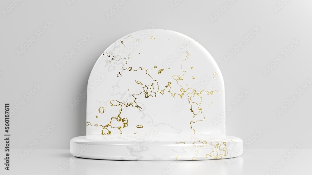 Poster empty modern minimalist white marble podium for display platform on 3d rendering. 3d render illustra