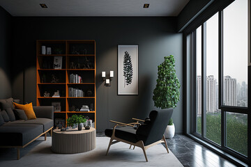 Interior of a contemporary living room with a black wall and a panoramic window that overlooks Singapore. Armchair, coffee table, bookcases, lamp, and chest of drawers are all dark grey. concrete surf