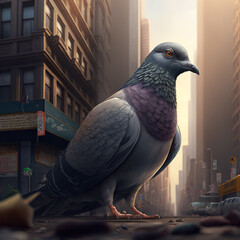 Pigeon in the city. Generative AI.