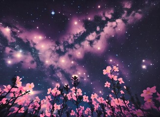 Pink simple cute delicate flowers with galaxy space background, floral galaxy background 