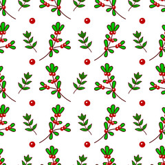 Hand drawn Merry Christmas and Happy New Year seamless pattern. Doodle cartoon green tree branches and red berries. Colorful png holiday design