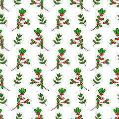 Hand drawn Merry Christmas and Happy New Year seamless pattern. Doodle cartoon green tree branches and red berries. Colorful png holiday design