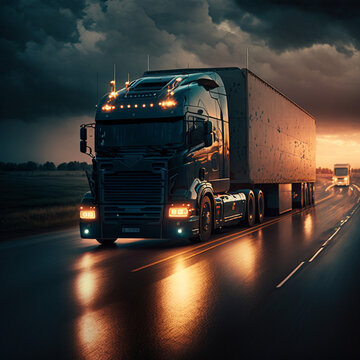 Truck driving on the highway road at sunset. Generative AI.